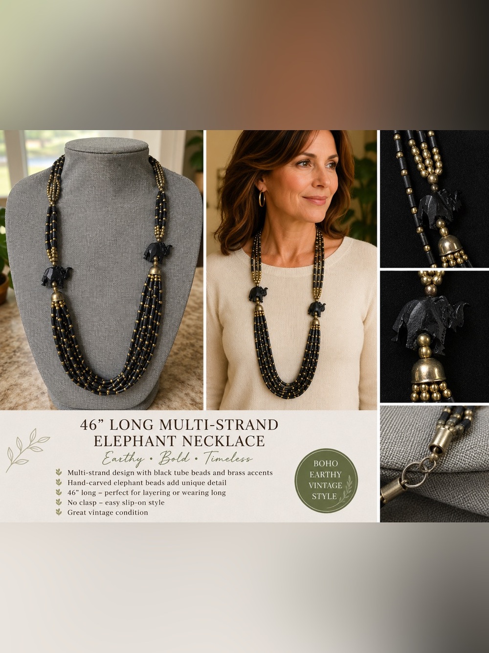 46" Long Black & Brass Multi-Strand Elephant Necklace